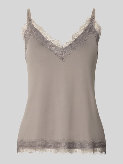 Produktfoto, Trägertop mit Spitzenbesatz von Jake*s Collection in Taupe, V-Ausschnitt, Material-Mix mit Stretch-Anteil, Regular-Fit, Rückenlänge 41 cm bei Größe S