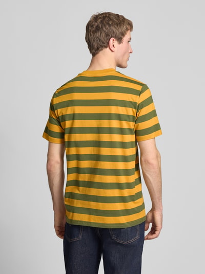 Mannenmodel draagt Dickies T-shirt met label-stitching model 'RIVERGROVE', regular fit, katoen, groen-geel gestreept, rugaanzicht, ganzkörperansicht rückansicht.