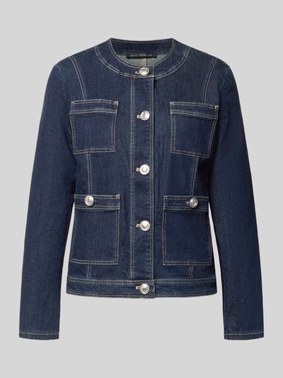 Produktfoto, Regular Fit Jacke mit Lyocell-Anteil in Denim-Optik von Betty Barclay für Damen, lyocell-baumwolle-mix, aufgesetzteTaschen, rundhalsausschnitt, Knopfleiste, dunkelblaue Farbtöne, sichtbare Nähte, strukturierte Denim-Optik, Rückenlänge 52 cm, Schulterbreite 41 cm, Brustweite 47 cm, Ärmellänge 60 cm
