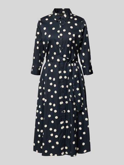 Produktfoto, Regular Fit Blusenkleid aus Baumwoll-Mix von s.Oliver BLACK LABEL z wzorem w groszki, długość midi, pasek w talii, długie balonowe rękawy, mankiety, kieszenie boczne, kolor granatowy z białymi kropkami, gładka tekstura