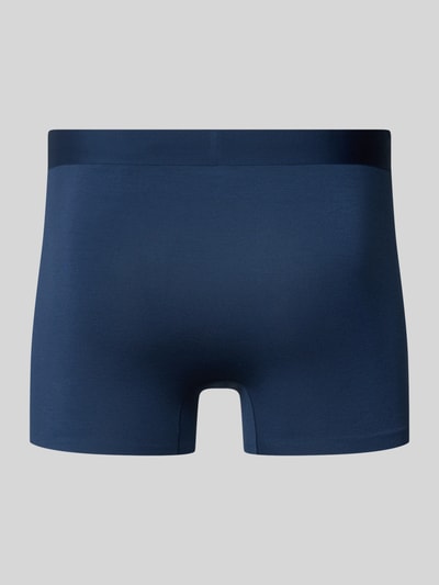 Produktfoto, Trunks mit elastischem Bund und Label-Detail von Schiesser in Dunkelblau, glatte Oberfläche, körpernahe Passform, Rückansicht. Micromodal-Elasthan-Mix.