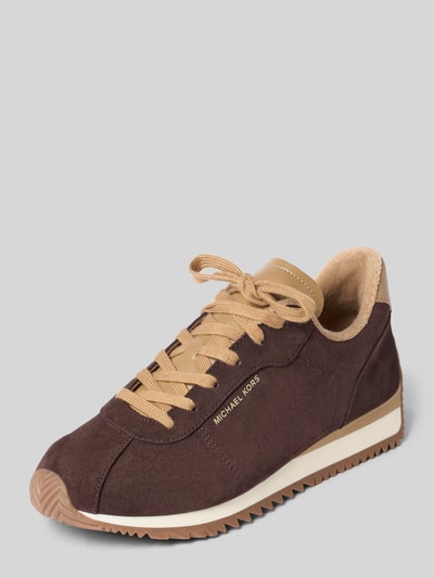 Produktfoto, Sneaker mit Logo-Detail Modell 'RHODES' von MICHAEL Michael Kors in Braun und Beige mit Schnürverschluss, abgerundete Form, strukturierte Gummisohle, Damen Sneaker, Absatzhöhe 3 cm, Schafthöhe 8 cm, Schaftweite 9 cm