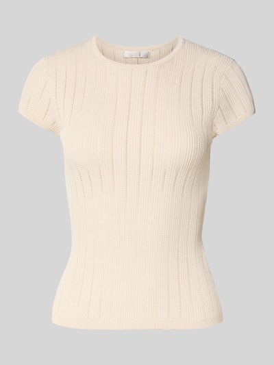 Produktfoto, T-Shirt in Pointelle-Optik mit Rundhalsausschnitt von Guess, cremefarben, körpernaher Schnitt, Viskose-Mix, feine Strickstruktur