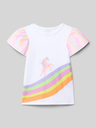 Produktfoto, T-Shirt mit Rundhalsausschnitt und Motiv-Print von Blue Seven, weiß, bunte Streifen, Einhorn-Print, Schmetterlingsärmel aus Chiffon, reine Baumwolle, gerader Schnitt, Kindergröße 116