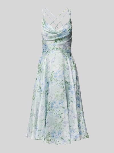 Produktfoto, Cocktailkleid mit Wasserfall-Ausschnitt von Luxuar, florale Pastellfarben, Midilänge, tailliert, Spaghettiträger, fließende Textur