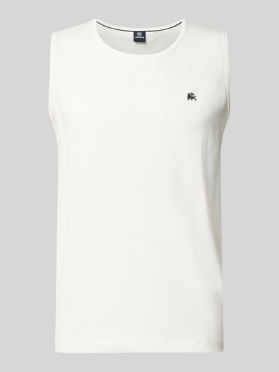 Produktfoto, weißes Tanktop mit Rundhalsausschnitt und Logo-Print von Lerros aus Reine Baumwolle im Regular-Fit, Rückenlänge 69 cm bei Größe M.