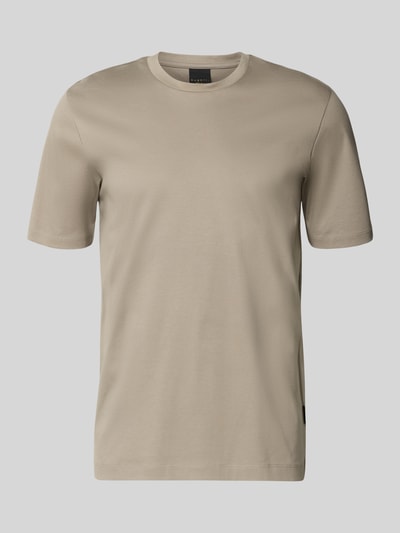 Produktfoto, T-Shirt mit Rundhalsausschnitt von bugatti in Beige, reine Baumwolle, Slim Fit, glatte Textur, Rückenlänge M: 70 cm.