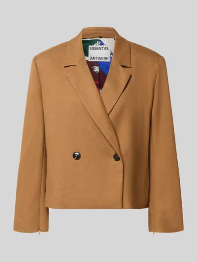 Produktfoto, Oversized Kurzblazer mit Viskose-Anteil Modell 'KIANA' von Essentiel Antwerp in Hellbraun, glatte Struktur, zweireihig, Damen Kurzblazer von Essentiel Antwerp