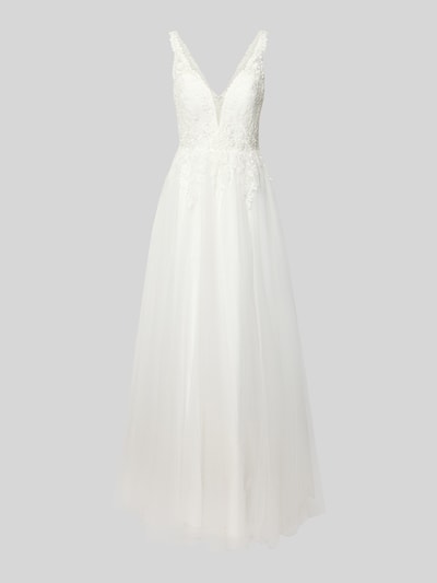 Produktfoto, Abendkleid mit Spitze und tiefem V-Ausschnitt von Mascara, A-Linie, Maxikleid, weißer Chiffon, zarte Struktur, breite Träger