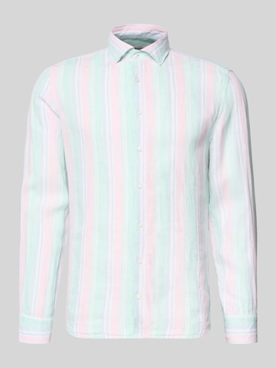 Produktfoto, Slim Fit Leinenhemd mit Kentkragen von SEIDENSTICKER in Pastellrosa, Mint und Weiß, durchgängige Knopfleiste, Langärmelig, reine Leinen, Rückenlänge 75 cm, Schulterbreite 44 cm, Ärmellänge 64 cm.