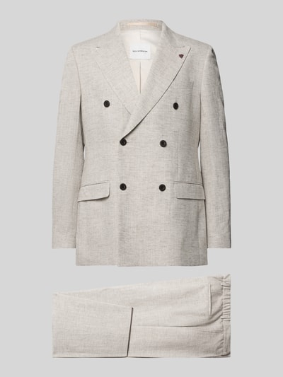 Produktfoto, Anzug aus Viskose-Mix mit zweireihigem Sakko von Roy Robson in hellem Beige, Regular-Fit, feine Struktur, mit Reverskragen, Pattentaschen und Anzughose mit Eingrifftaschen, Bundweite 56 cm, Rückenlänge 74 cm, Schulterbreite 44 cm, Ärmellänge 66 cm, Innenbeinlänge 22 cm, moderner Herren Anzug
