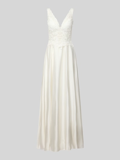 Produktfoto, Abendkleid mit Spitze und breiten Trägern von Mascara in Elfenbein, A-Linie, Satin, tiefer und rückseitiger V-Ausschnitt