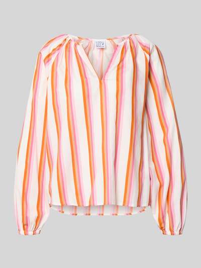 Produktfoto, Regular Fit Bluse mit Raffungen von Emily Van den Bergh aus Reine Baumwolle mit V-Ausschnitt, Langärmelig und elastischen Ärmelabschlüssen, gestreiftes Muster in Weiß, Pink, Orange; Struktur leicht transparent, Rückenlänge 62 cm, Ärmellänge 62 cm bei Größe 36.
