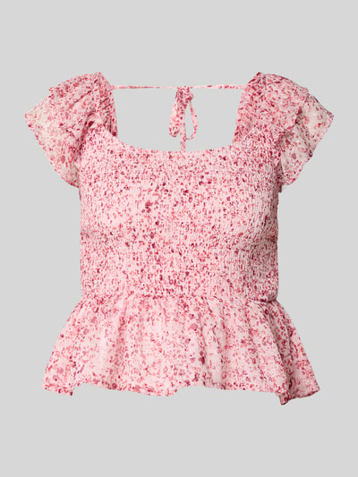 Produktfoto, Slim Fit Blusentop mit Allover-Muster Modell 'ELIZA' von Only, florales Muster, Volants, Henley-Ausschnitt, Chiffon, rosa-rot.