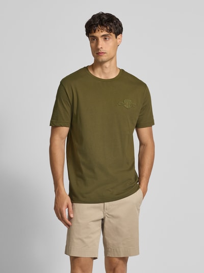 Gant Regular fit T-shirt met labelstitching en ronde hals Olijfgroen - 4