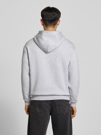 Männermodel trägt Hoodie mit Känguru-Tasche von REVIEW in Grau, Baumwollmischung, lockere Passform, Kapuze, Label-Detail, elastische Abschlüsse, Ganzkörperansicht Rückansicht