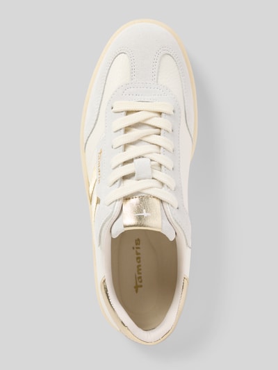 Produktfoto, Low Top Sneaker aus Rindsleder-Textile-Mix von Tamaris, unifarben, okrągły nosek, płaski obcas, sznurowanie, strukturyzowana podeszwa, detale z efektowną nitką, logo tłoczone, połączenie weluru i gładkiej skóry, widoczna tekstura