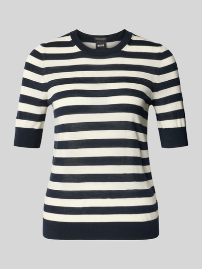 Produktfoto, Shaped Fit Strickpullover aus reiner Schurwolle Modell 'Farbella' von BOSS in marineblau-weißem Streifenmuster, Feinstrick, gerippte Abschlüsse
