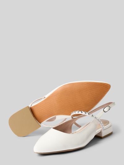 Produktfoto, ballerina's met open hiel van Marco Tozzi, witte kleur, spitse pasvorm, met strass-steentjes, doornsluiting, gladde zool, hakhoogte maat 40: 3 cm