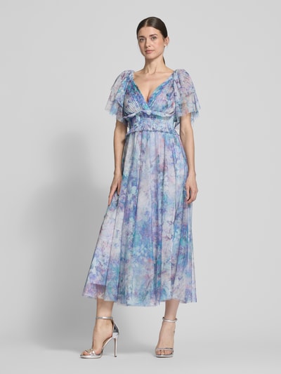 LACE & BEADS Knielanges Cocktailkleid mit V-Ausschnitt Blau 1