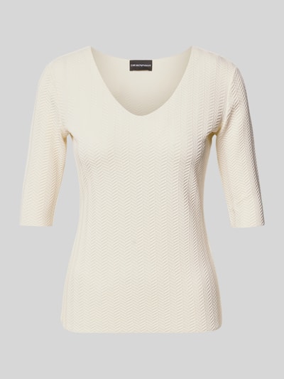 Produktfoto, Regular Fit Bluse mit Strukturmuster von Emporio Armani in Creme mit V-Ausschnitt und Halbarm, elastischer Material-Mix, strukturierte Oberfläche