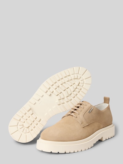 Produktfoto, Heren veterschoenen van Antony Morato in echt leer, afgeronde punt, model 'RUSSELL' met labeldetail, gestructureerde zool, hakhoogte maat 44: 5 cm, schachthoogte 7 cm, schachtbreedte 6 cm, beige kleur, gladde en gestructureerde textuur.