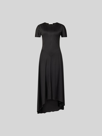 Produktfoto, schwarzes Midikleid mit verlängerter Rückseite von Victoria Beckham, elastischer Material-Mix, Frontreißverschluss, Regular Fit