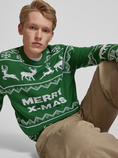 Only & Sons Strickpullover mit Motiv- und Statement-Stitching Modell 'XMAS' Gruen 3