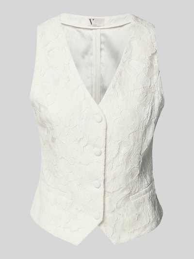 Produktfoto, Regular Fit Weste mit Spitzenbesatz von V by Vera Mont, weißer Material-Mix mit Baumwoll-Anteil, Paspeltaschen, durchgängige Knopfleiste, taillierte Passform, V-Ausschnitt, Rückenlänge 51 cm bei Größe 36, florale Struktur