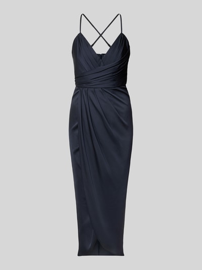Produktfoto, Cocktailkleid aus Satin in Wickel-Optik von V by Vera Mont in Dunkelblau, glatte Oberfläche, gerader Schnitt, Midi-Länge