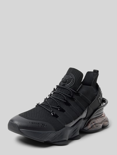 Produktfoto, Sneaker mit Schnürverschluss von PLEIN SPORT, schwarzer Material-Mix, abgerundete Spitze, Label-Detail, strukturierte Sohle, Absatzhöhe 6 cm, Schafthöhe 11 cm, Schaftweite 7 cm