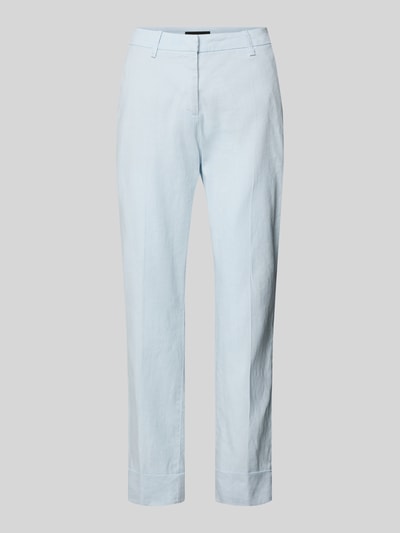 Produktfoto, Leinenhose mit Baumwoll-Anteil von Cambio in Hellblau, straight Fit, verkürzt, Gürtelschlaufen, gekrempelter Saum, Eingriff- und Gesäßtaschen