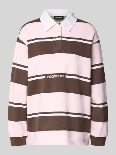 Produktfoto, Sweatshirt mit Polokragen Modell 'MORELLA' von Pegador aus reiner Baumwolle, rosa-braune Blockstreifen, Logo-Print, Loose Fit