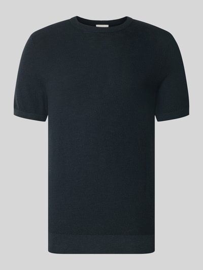 Produktfoto, dunkelblaues T-Shirt aus Baumwoll-Leinen-Mix von Profuomo, Slim Fit, Rundhalsausschnitt, glatte Textur, Größe M, Rückenlänge 70 cm
