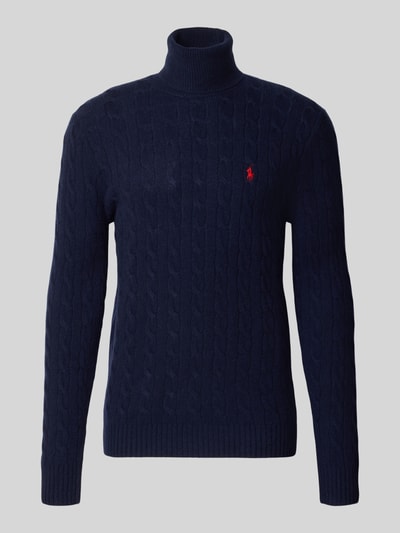 Produktfoto, dunkelblauer Slim Fit Pullover aus Woll-Kaschmir-Mix von Polo Ralph Lauren mit Strukturmuster auf grauem Hintergrund, Herren Pullover