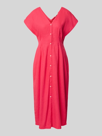 Produktfoto, Midikleid aus Leinen-Viskose-Mix mit V-Ausschnitt von ICHI, Taillierter Schnitt, Allover-Look, Knopfleiste, pink, strukturierte Oberfläche.