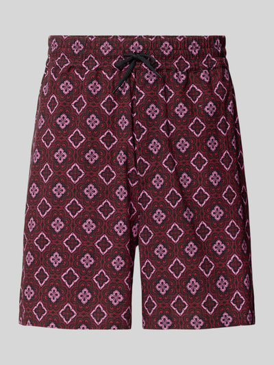 Produktfoto, Shorts mit elastischem Bund Modell 'Harry' von Les Deux aus reiner Bio-Baumwolle im Loose-Fit mit Kordelzug, Eingrifftaschen, Gesäßtasche und Label-Detail, Grundfarbe Bordeaux mit geometrischem Muster.