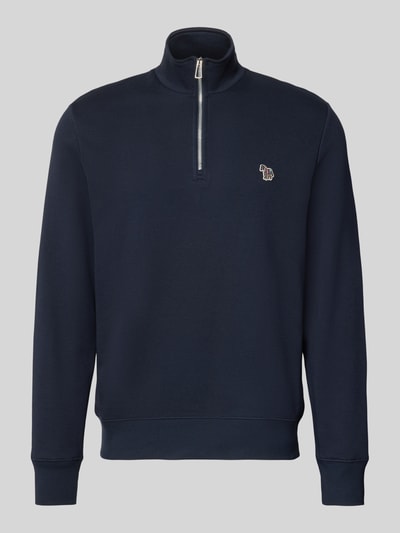 Produktfoto, Regular Fit Sweatshirt aus reiner Baumwolle von Paul Smith in Dunkelblau mit Troyer-Kragen, Label-Stitching, gerippten Abschlüssen