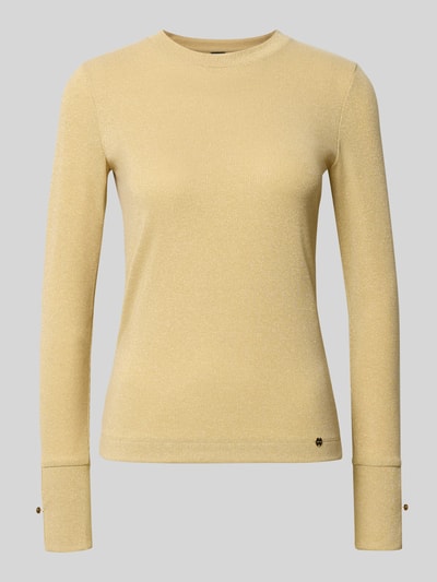 Produktfoto, Regular Fit Longsleeve mit Rundhalsausschnitt van Marc Cain, dames shirt met lange mouwen, elastische materiaalmix, regular fit, logodetail, ronde hals, met lange mouwen, brede mouwboorden, met siersteentjes, glitterlook, ruglengte maat 36: 56 cm, goudkleurig, fijne structuur