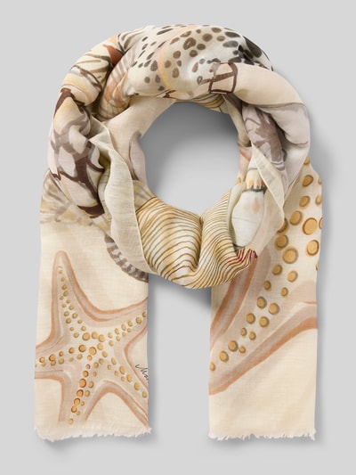 Productfoto, sjaal uit modalmix in all-over look van Marc Cain, rechthoekig model met franjes, breedte maat 1: 66 cm, damesaccessoire, lichte aardetinten, zachte textuur