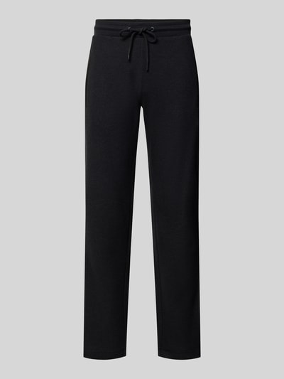 Produktfoto, spodnie dresowe Sweatpants mit elastischem Bund und Tunnelzug von bugatti, czarne, krój regular fit, mieszanka bawełny, wpuszczane kieszenie, długość wewnętrzna nogawki w rozmiarze M: 80 cm