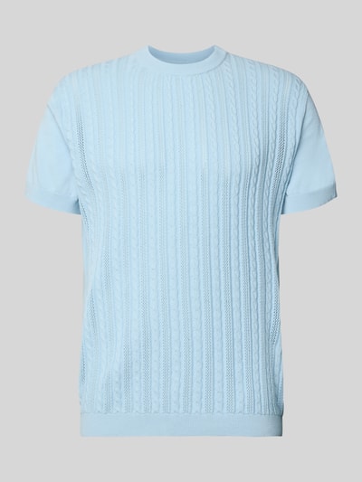 Produktfoto, T-Shirt mit Zopfmuster von Lindbergh in Hellblau, reine Baumwolle, gerader Schnitt, Strick-Optik, Rundhalsausschnitt.