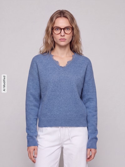 Jake*s Collection Pullover mit Spitzenbesatz am V-Ausschnitt Blau 4