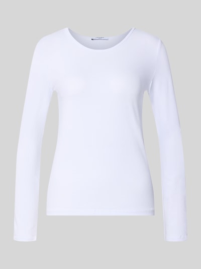 Produktfoto, Longsleeve aus Baumwoll-Mix von ZABAIONE in Weiß, taillierter Schnitt, glatte Oberfläche, Rundhalsausschnitt, Damen Longsleeve, Rückenlänge Größe S 57 cm.