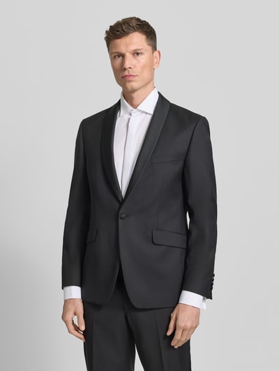 Männermodel trägt 1-Knopf-Sakko mit Reverskragen von Wilvorst in Schwarz, Regular Fit, Baumwoll-Mix, Ganzkörperansicht von vorne.