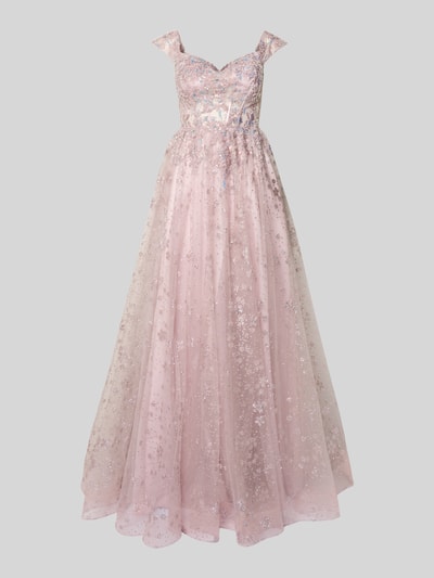 Produktfoto, Schimmerndes Abendkleid aus Tüll mit Stitchings von Unique w kolorze pudrowego różu, linia A, efekt błyszczący, hafty, długa sukienka, dekolt w serek, długość tyłu w rozmiarze 36: 133 cm, szerokość w rozmiarze 36: 35 cm.