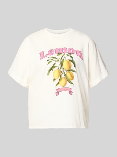 Produktfoto, Boxy Fit T-Shirt aus reiner Baumwolle Modell 'MINNA' von Only, Optik: Unifarben mit Motiv-Print, Farbe Weiß, Jersey-Struktur.