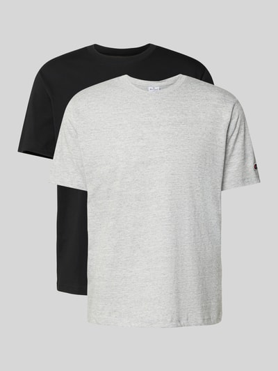 Produktfoto, T-Shirt mit Rundhalsausschnitt im 2er-Pack von CHAMPION, czarny i jasnoszary, czysta bawełna, krój regular fit, detail z logo, długość tyłu w rozmiarze M: 69 cm