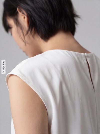 Frauenmodel trägt Blusenshirt mit gelegten Falten von Christian Berg Woman Selection, Material-Mix, Weiß, Detailaufnahme Rücken, KI-modifiziertes Bild.
