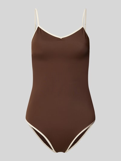 Produktfoto, Badeanzug mit Kontrastkante Modell 'FELICE SOLID' von Neo Noir aus Material-Mix mit Stretch-Anteil, Braun mit Creme, V-Ausschnitt